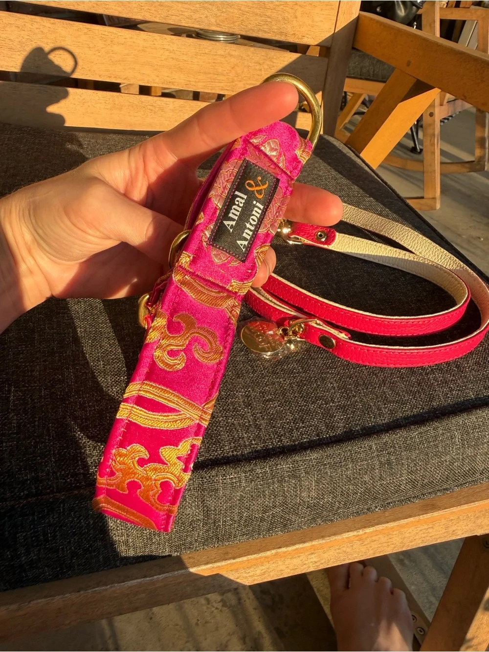 Luxury hand made dog collar and Italian leather handmade leash. Pink and gold
